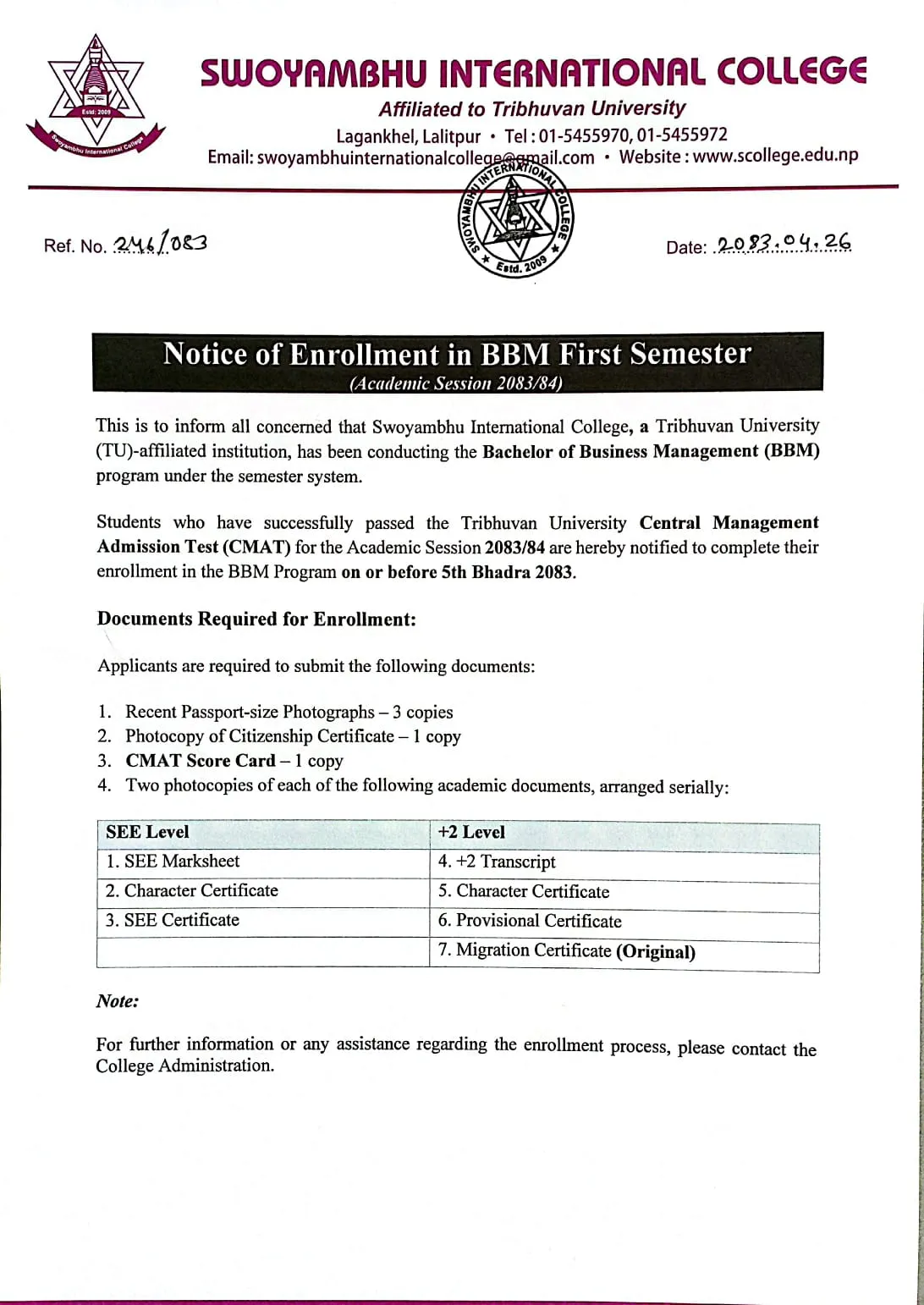Enrollment in BBM First Semester